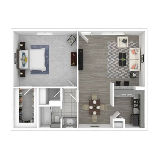 Furnished three-dimensional floor plan artwork for Bay Island plan A-1