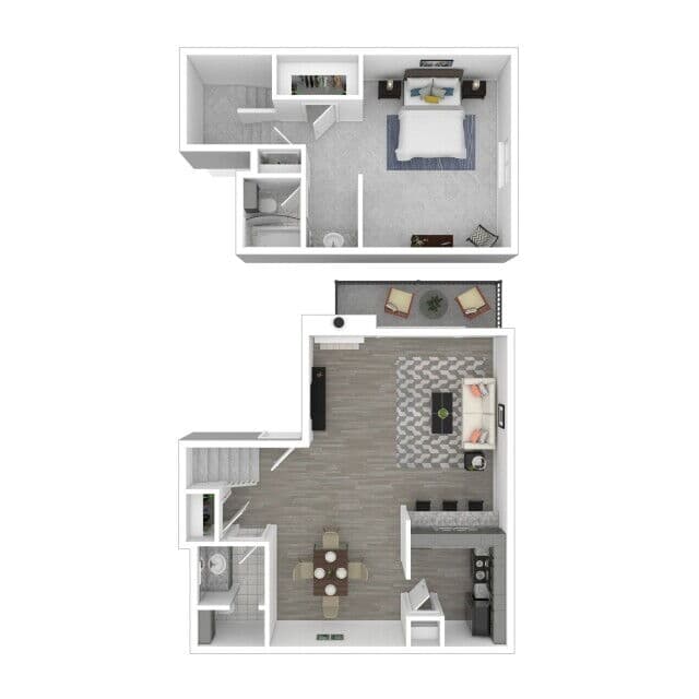 Furnished three-dimensional floor plan artwork for Bay Island plan A-2