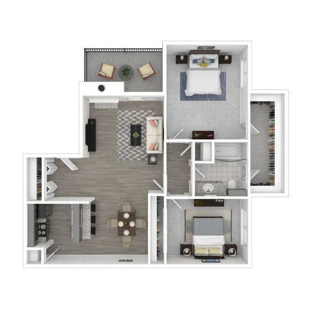 Furnished three-dimensional floor plan artwork for Bay Island plan B1 P