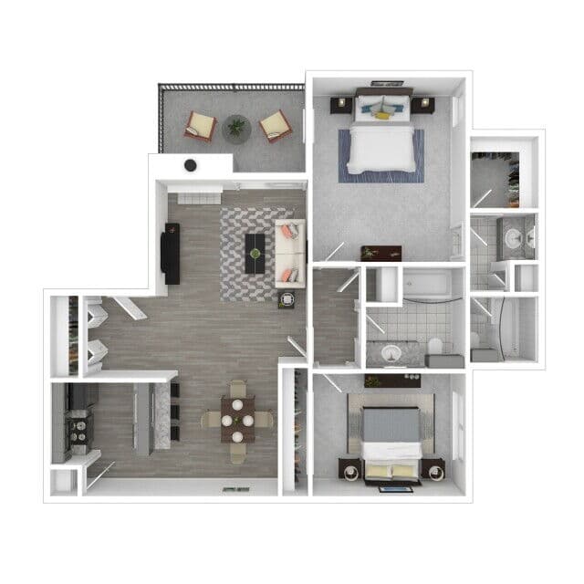 Furnished three-dimensional floor plan artwork for Bay Island plan B2