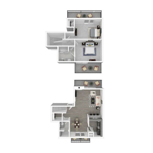 Furnished three-dimensional floor plan artwork for Bay Island plan B-3