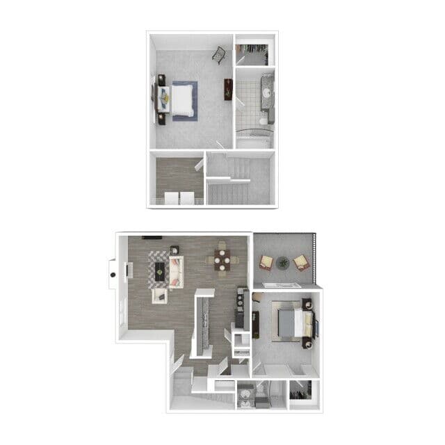 Furnished three-dimensional floor plan artwork for Bay Island plan B4