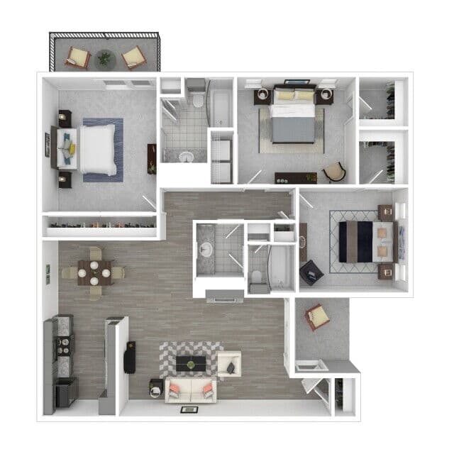 Furnished three-dimensional floor plan artwork for Bay Island plan C-1